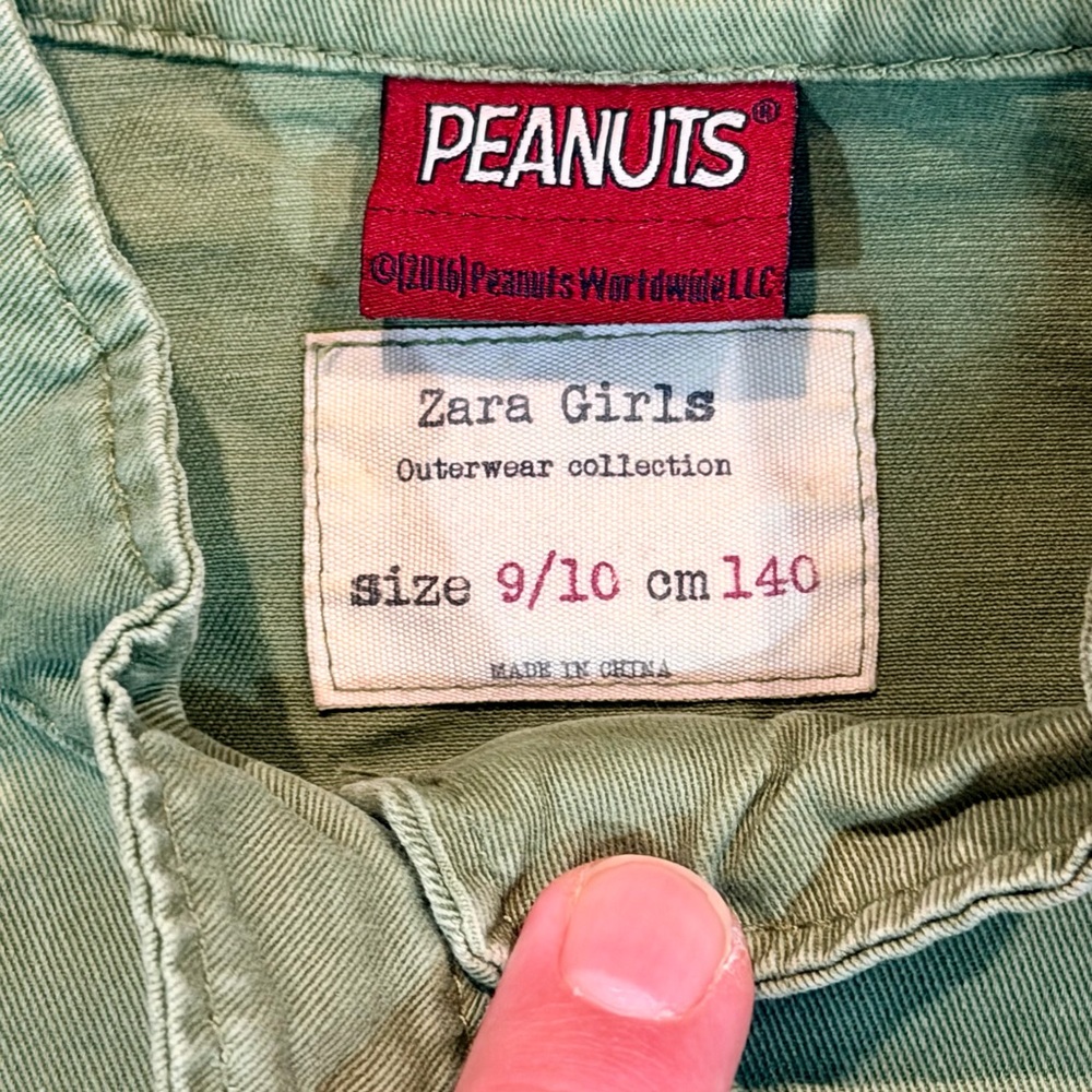 Zara Girls Peanuts Snoopy & Woodstock Green Military Jacket Youth 9/10 - Picture 6 of 6